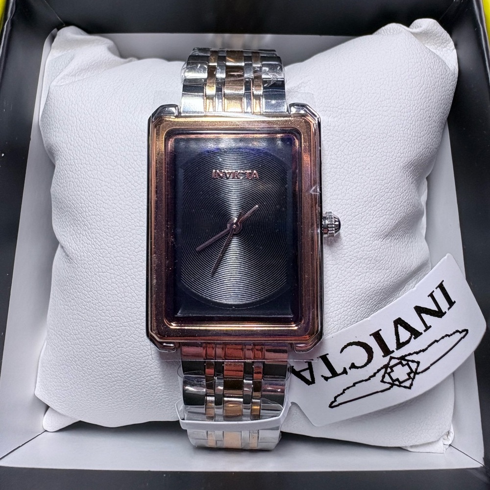 INVICTA Silver and Rose Gold Rectangular Watch with Black Face